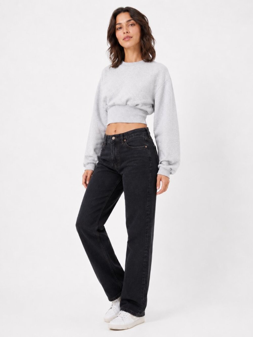 ASOS Cropped Sweater Sweatshirt Ice Heather Deep Rib Elastic Cinch Waist Cinched